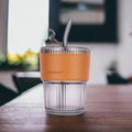 Premium Ribbed Glass Cup with Faux Leather Sleeve | Leakproof Lid | Reusable Drinking Cup with Straw | Elegant Travel Glass Tumbler